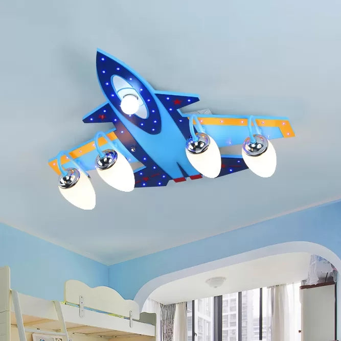 Cool Blue Ceiling Mount Light Fighter Airplane Wood & Glass Ceiling Lamp for Kid Bedroom 5 Blue Clearhalo 'Ceiling Lights' 'Close To Ceiling Lights' 'Close to ceiling' 'Flush mount' Lighting' 66018
