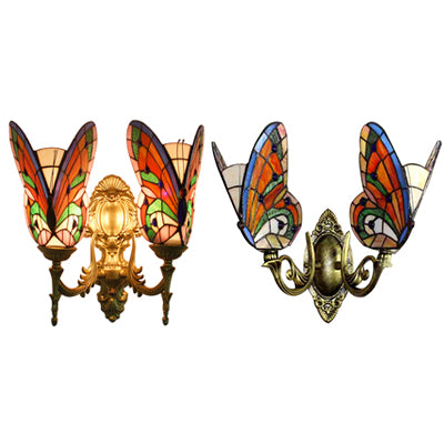 Colorful Butterfly Wall Light Country Stained Glass 2 Heads Wall Mount Fixture for Living Room Clearhalo 'Industrial' 'Middle century wall lights' 'Tiffany wall lights' 'Tiffany' 'Wall Lamps & Sconces' 'Wall Lights' Lighting' 66085
