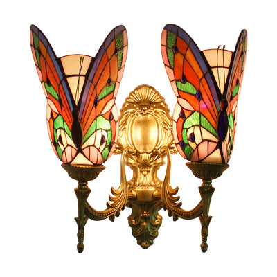 Colorful Butterfly Wall Light Country Stained Glass 2 Heads Wall Mount Fixture for Living Room Clearhalo 'Industrial' 'Middle century wall lights' 'Tiffany wall lights' 'Tiffany' 'Wall Lamps & Sconces' 'Wall Lights' Lighting' 66086