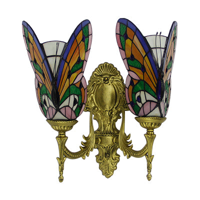 Colorful Butterfly Wall Light Country Stained Glass 2 Heads Wall Mount Fixture for Living Room Clearhalo 'Industrial' 'Middle century wall lights' 'Tiffany wall lights' 'Tiffany' 'Wall Lamps & Sconces' 'Wall Lights' Lighting' 66087