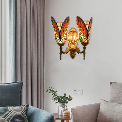 Colorful Butterfly Wall Light Country Stained Glass 2 Heads Wall Mount Fixture for Living Room Brass Clearhalo 'Industrial' 'Middle century wall lights' 'Tiffany wall lights' 'Tiffany' 'Wall Lamps & Sconces' 'Wall Lights' Lighting' 66088