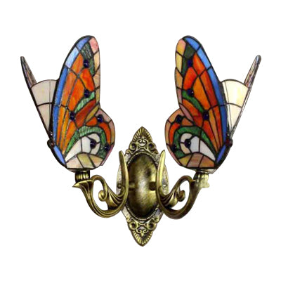 Colorful Butterfly Wall Light Country Stained Glass 2 Heads Wall Mount Fixture for Living Room Clearhalo 'Industrial' 'Middle century wall lights' 'Tiffany wall lights' 'Tiffany' 'Wall Lamps & Sconces' 'Wall Lights' Lighting' 66089