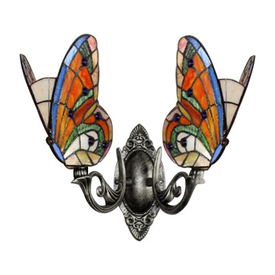 Colorful Butterfly Wall Light Country Stained Glass 2 Heads Wall Mount Fixture for Living Room Clearhalo 'Industrial' 'Middle century wall lights' 'Tiffany wall lights' 'Tiffany' 'Wall Lamps & Sconces' 'Wall Lights' Lighting' 66090