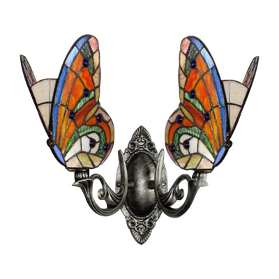 Colorful Butterfly Wall Light Country Stained Glass 2 Heads Wall Mount Fixture for Living Room Clearhalo 'Industrial' 'Middle century wall lights' 'Tiffany wall lights' 'Tiffany' 'Wall Lamps & Sconces' 'Wall Lights' Lighting' 66090