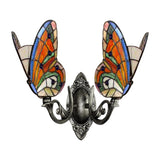 Colorful Butterfly Wall Light Country Stained Glass 2 Heads Wall Mount Fixture for Living Room Clearhalo 'Industrial' 'Middle century wall lights' 'Tiffany wall lights' 'Tiffany' 'Wall Lamps & Sconces' 'Wall Lights' Lighting' 66090