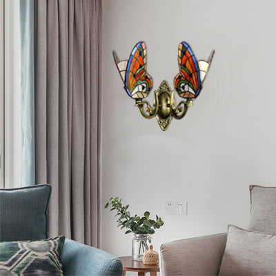 Colorful Butterfly Wall Light Country Stained Glass 2 Heads Wall Mount Fixture for Living Room Antique Bronze Clearhalo 'Industrial' 'Middle century wall lights' 'Tiffany wall lights' 'Tiffany' 'Wall Lamps & Sconces' 'Wall Lights' Lighting' 66091