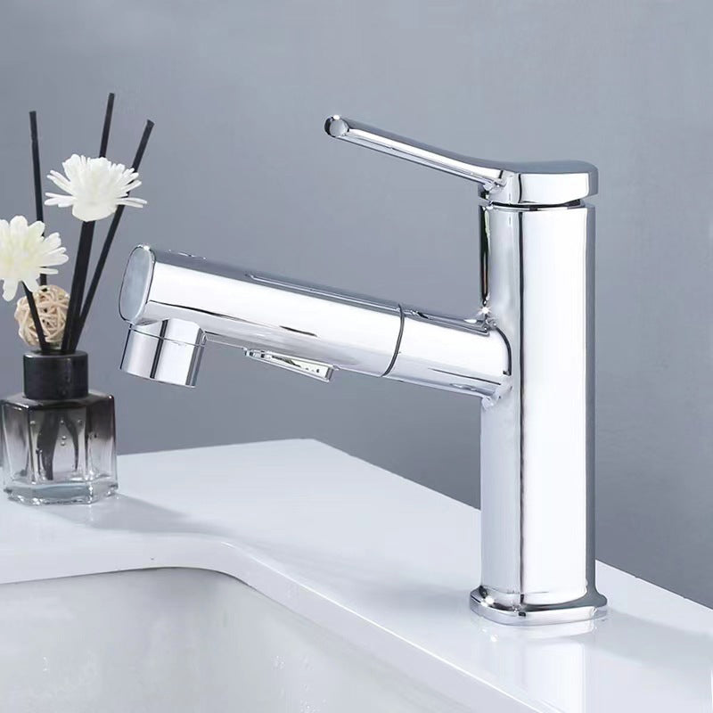 Contemporary Vessel Faucet Pull-out Centerset Faucet with Swivel Spout Silver Clearhalo 'Bathroom Remodel & Bathroom Fixtures' 'Bathroom Sink Faucets' 'Bathroom Sinks & Faucet Components' 'bathroom_sink_faucets' 'Home Improvement' 'home_improvement' 'home_improvement_bathroom_sink_faucets' 6615439