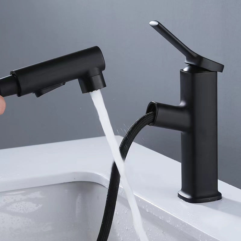 Contemporary Vessel Faucet Pull-out Centerset Faucet with Swivel Spout Black Clearhalo 'Bathroom Remodel & Bathroom Fixtures' 'Bathroom Sink Faucets' 'Bathroom Sinks & Faucet Components' 'bathroom_sink_faucets' 'Home Improvement' 'home_improvement' 'home_improvement_bathroom_sink_faucets' 6615440