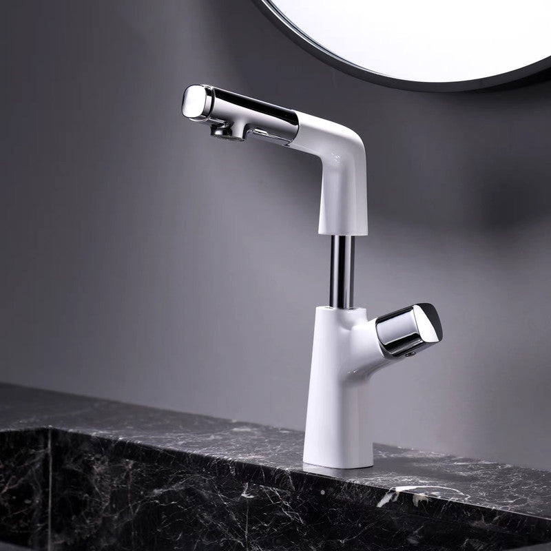 Contemporary Vessel Faucet Pull-out Faucet with One Knob Handle White-Silver Clearhalo 'Bathroom Remodel & Bathroom Fixtures' 'Bathroom Sink Faucets' 'Bathroom Sinks & Faucet Components' 'bathroom_sink_faucets' 'Home Improvement' 'home_improvement' 'home_improvement_bathroom_sink_faucets' 6615460