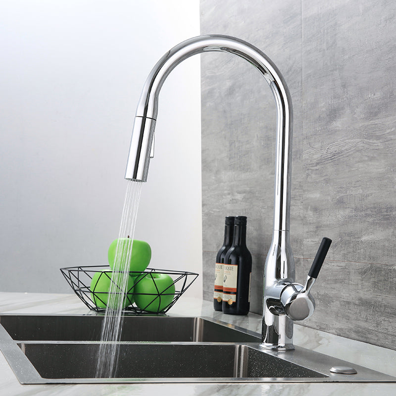 Modern Standard Kitchen Faucet Gooseneck Kitchen Faucet with One Handle Silver Clearhalo 'Home Improvement' 'home_improvement' 'home_improvement_kitchen_faucets' 'Kitchen Faucets' 'Kitchen Remodel & Kitchen Fixtures' 'Kitchen Sinks & Faucet Components' 'kitchen_faucets' 6615553