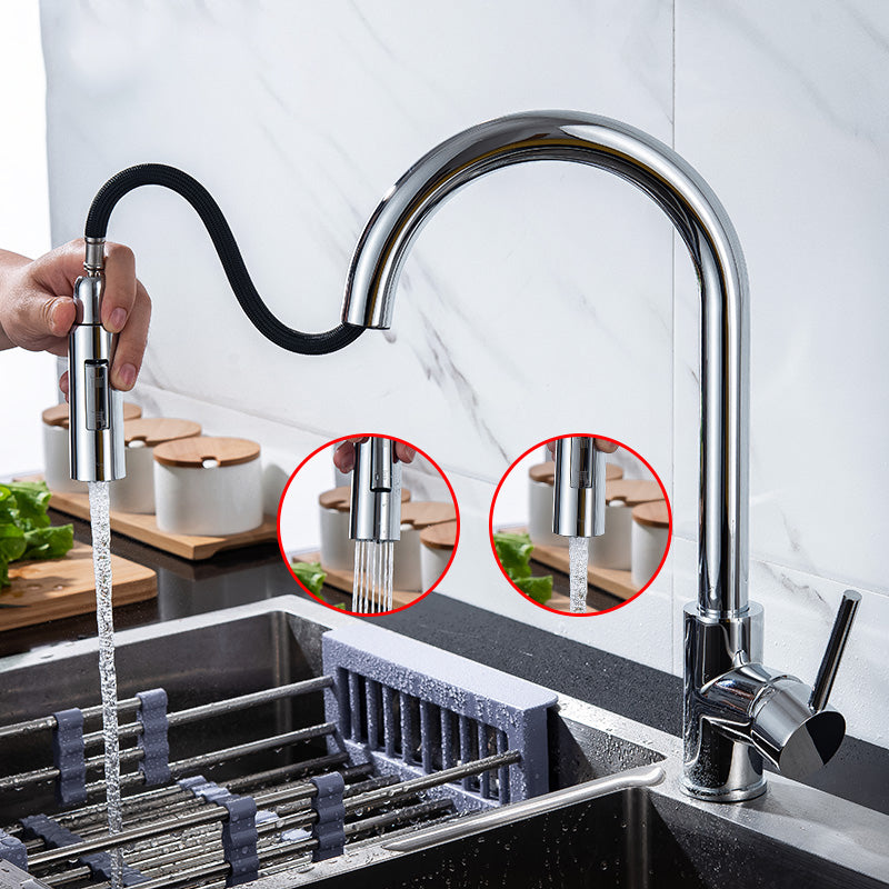 Modern Style Kitchen Faucet Gooseneck Kitchen Faucet with Pull down Sprayer Chrome Clearhalo 'Home Improvement' 'home_improvement' 'home_improvement_kitchen_faucets' 'Kitchen Faucets' 'Kitchen Remodel & Kitchen Fixtures' 'Kitchen Sinks & Faucet Components' 'kitchen_faucets' 6615568