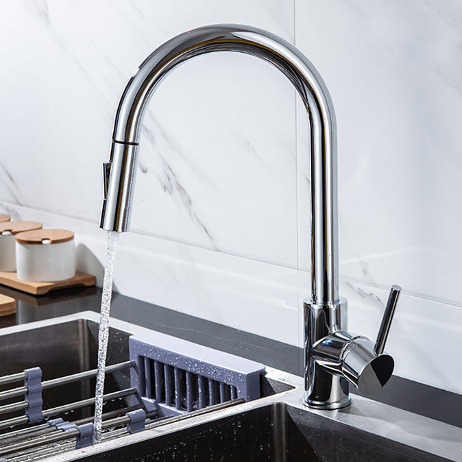 Modern Style Kitchen Faucet Gooseneck Kitchen Faucet with Pull down Sprayer Clearhalo 'Home Improvement' 'home_improvement' 'home_improvement_kitchen_faucets' 'Kitchen Faucets' 'Kitchen Remodel & Kitchen Fixtures' 'Kitchen Sinks & Faucet Components' 'kitchen_faucets' 6615569
