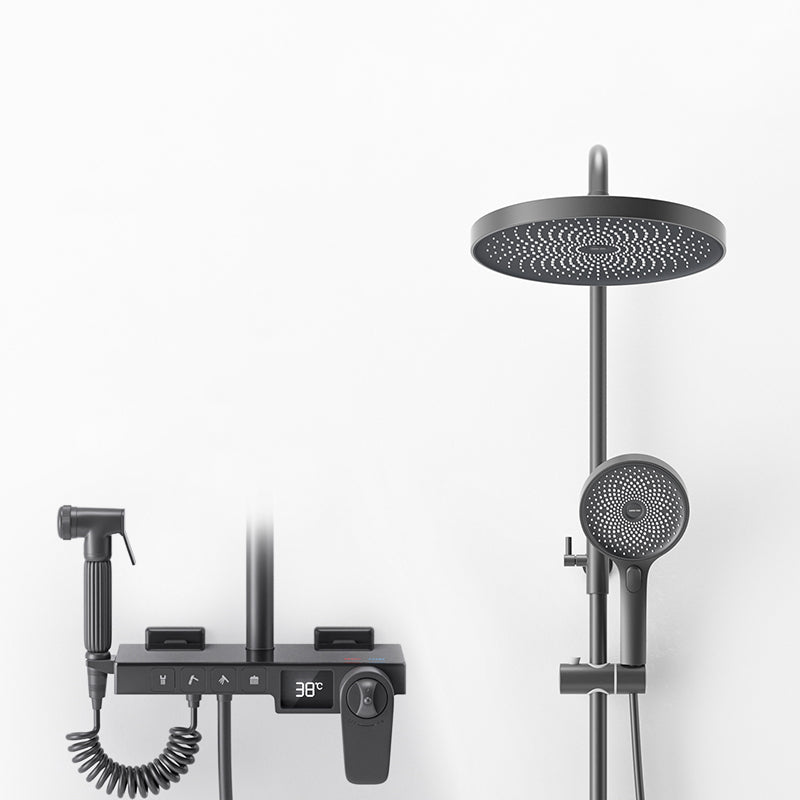 Shower System Round Adjustable Spray Pattern Massage Jet Handheld Shower Head Shower Trim Black Thermostatic Digital Display Included Clearhalo 'Bathroom Remodel & Bathroom Fixtures' 'Home Improvement' 'home_improvement' 'home_improvement_shower_faucets' 'Shower Faucets & Systems' 'shower_faucets' 'Showers & Bathtubs Plumbing' 'Showers & Bathtubs' 6615643