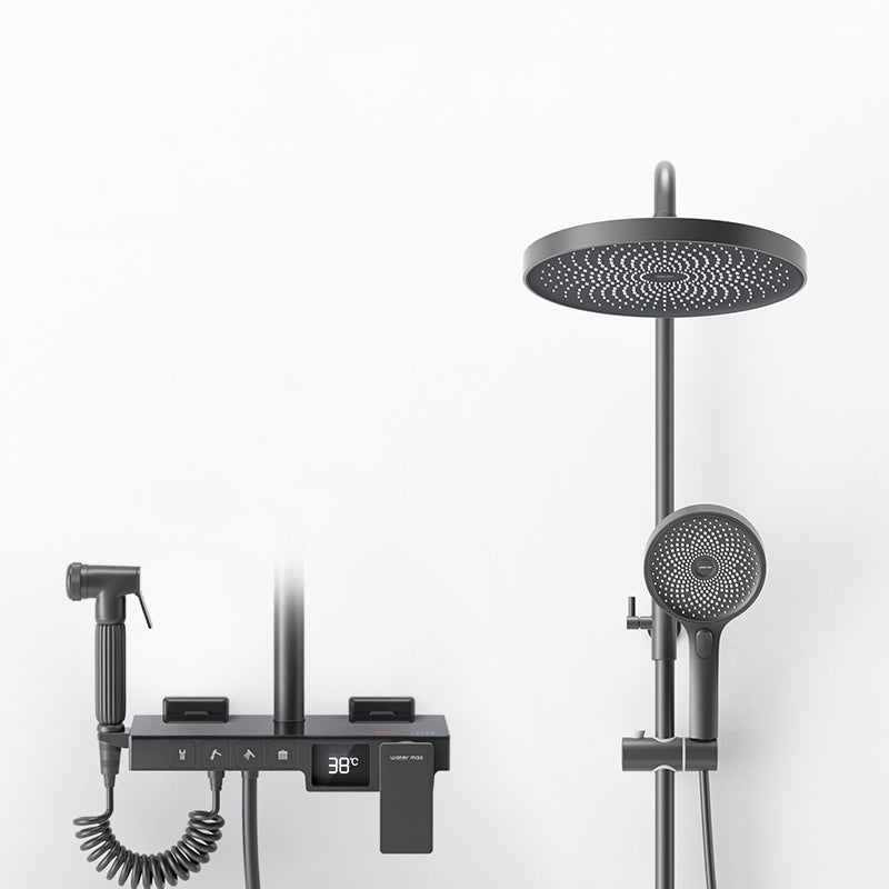 Shower System Round Adjustable Spray Pattern Massage Jet Handheld Shower Head Shower Trim Black Temperature Control Digital Display Included Clearhalo 'Bathroom Remodel & Bathroom Fixtures' 'Home Improvement' 'home_improvement' 'home_improvement_shower_faucets' 'Shower Faucets & Systems' 'shower_faucets' 'Showers & Bathtubs Plumbing' 'Showers & Bathtubs' 6615645