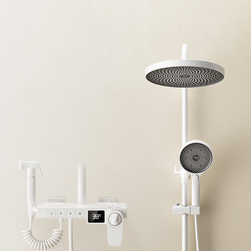 Shower System Round Adjustable Spray Pattern Massage Jet Handheld Shower Head Shower Trim White Thermostatic Digital Display Included Clearhalo 'Bathroom Remodel & Bathroom Fixtures' 'Home Improvement' 'home_improvement' 'home_improvement_shower_faucets' 'Shower Faucets & Systems' 'shower_faucets' 'Showers & Bathtubs Plumbing' 'Showers & Bathtubs' 6615650