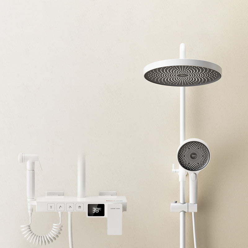 Shower System Round Adjustable Spray Pattern Massage Jet Handheld Shower Head Shower Trim White Temperature Control Digital Display Included Clearhalo 'Bathroom Remodel & Bathroom Fixtures' 'Home Improvement' 'home_improvement' 'home_improvement_shower_faucets' 'Shower Faucets & Systems' 'shower_faucets' 'Showers & Bathtubs Plumbing' 'Showers & Bathtubs' 6615652