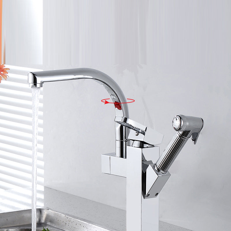 Metal Standard Kitchen Faucet Modern Style Kitchen Faucet with Pull out Sprayer Silver 13.4" Clearhalo 'Home Improvement' 'home_improvement' 'home_improvement_kitchen_faucets' 'Kitchen Faucets' 'Kitchen Remodel & Kitchen Fixtures' 'Kitchen Sinks & Faucet Components' 'kitchen_faucets' 6615973