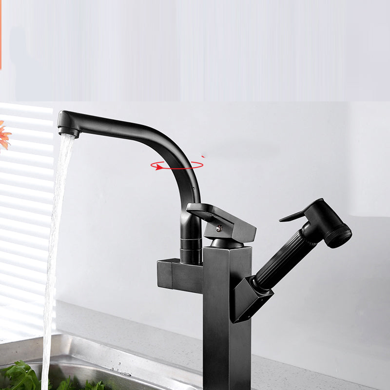 Metal Standard Kitchen Faucet Modern Style Kitchen Faucet with Pull out Sprayer Black 13.4" Clearhalo 'Home Improvement' 'home_improvement' 'home_improvement_kitchen_faucets' 'Kitchen Faucets' 'Kitchen Remodel & Kitchen Fixtures' 'Kitchen Sinks & Faucet Components' 'kitchen_faucets' 6615975