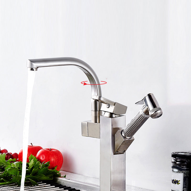Metal Standard Kitchen Faucet Modern Style Kitchen Faucet with Pull out Sprayer Nickel 13.4" Clearhalo 'Home Improvement' 'home_improvement' 'home_improvement_kitchen_faucets' 'Kitchen Faucets' 'Kitchen Remodel & Kitchen Fixtures' 'Kitchen Sinks & Faucet Components' 'kitchen_faucets' 6615978