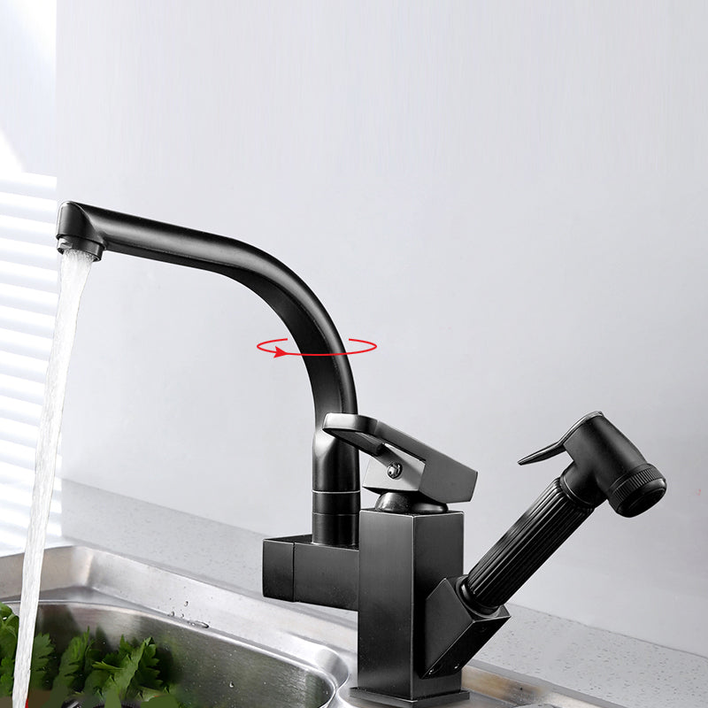 Metal Standard Kitchen Faucet Modern Style Kitchen Faucet with Pull out Sprayer Black 10.2" Clearhalo 'Home Improvement' 'home_improvement' 'home_improvement_kitchen_faucets' 'Kitchen Faucets' 'Kitchen Remodel & Kitchen Fixtures' 'Kitchen Sinks & Faucet Components' 'kitchen_faucets' 6615980
