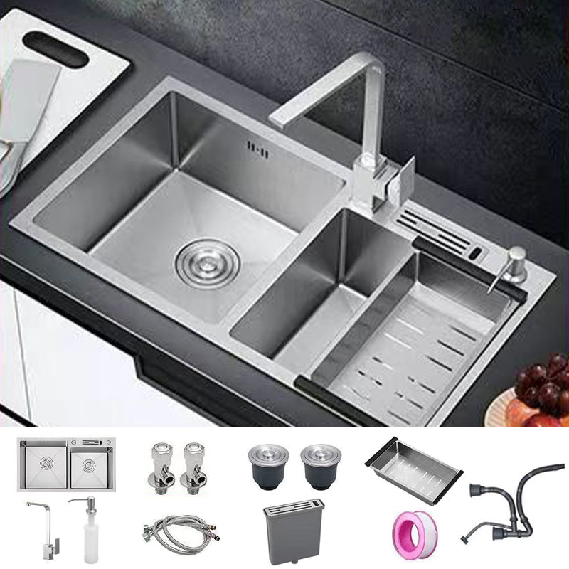 Modern Style Kitchen Sink Drop-In Noise-cancelling Design Kitchen Double Sink Sink with Faucet Square Faucet Clearhalo 'Home Improvement' 'home_improvement' 'home_improvement_kitchen_sinks' 'Kitchen Remodel & Kitchen Fixtures' 'Kitchen Sinks & Faucet Components' 'Kitchen Sinks' 'kitchen_sinks' 6616122