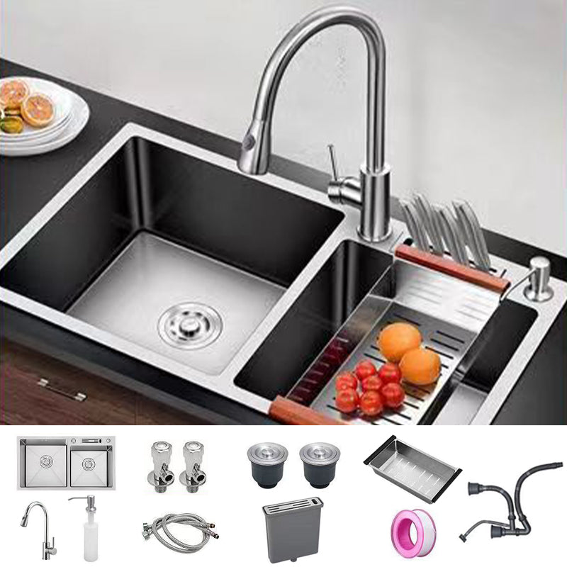 Modern Style Kitchen Sink Drop-In Noise-cancelling Design Kitchen Double Sink Sink with Faucet Pull Out Faucet Clearhalo 'Home Improvement' 'home_improvement' 'home_improvement_kitchen_sinks' 'Kitchen Remodel & Kitchen Fixtures' 'Kitchen Sinks & Faucet Components' 'Kitchen Sinks' 'kitchen_sinks' 6616123