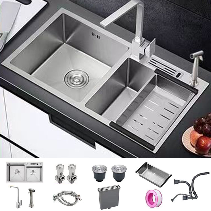 Modern Style Kitchen Sink Drop-In Noise-cancelling Design Kitchen Double Sink Sink with Faucet Square Faucet & Spray Gun Clearhalo 'Home Improvement' 'home_improvement' 'home_improvement_kitchen_sinks' 'Kitchen Remodel & Kitchen Fixtures' 'Kitchen Sinks & Faucet Components' 'Kitchen Sinks' 'kitchen_sinks' 6616127