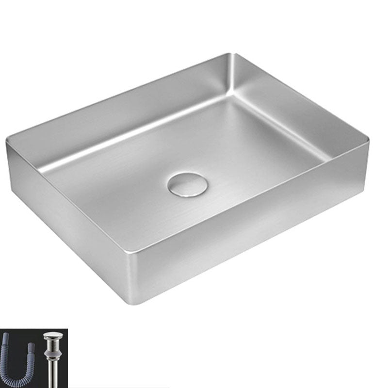 Contemporary Bathroom Sink Metal Rectangular Vessel Sink with Pop-Up Drain Silver None Sink Clearhalo 'Bathroom Remodel & Bathroom Fixtures' 'Bathroom Sinks & Faucet Components' 'Bathroom Sinks' 'bathroom_sink' 'Home Improvement' 'home_improvement' 'home_improvement_bathroom_sink' 6616177