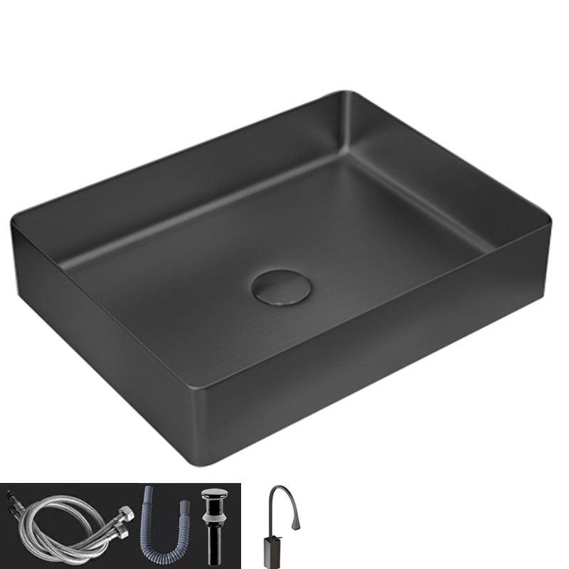 Contemporary Bathroom Sink Metal Rectangular Vessel Sink with Pop-Up Drain Black Gooseneck Faucet Sink with Faucet Clearhalo 'Bathroom Remodel & Bathroom Fixtures' 'Bathroom Sinks & Faucet Components' 'Bathroom Sinks' 'bathroom_sink' 'Home Improvement' 'home_improvement' 'home_improvement_bathroom_sink' 6616183