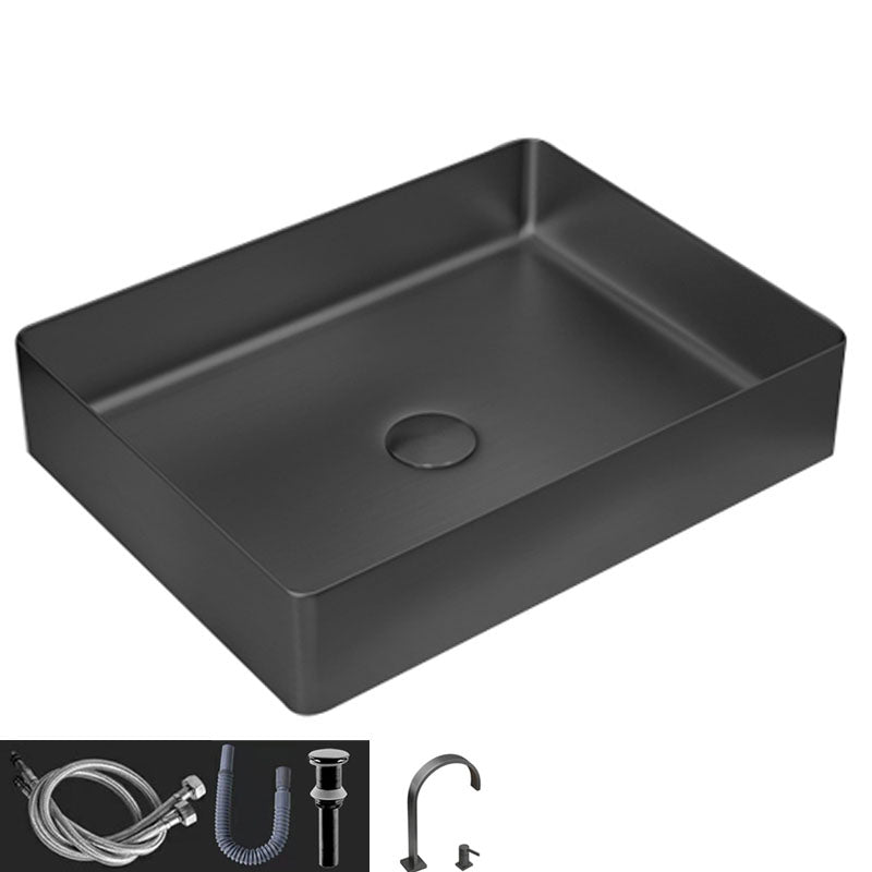 Contemporary Bathroom Sink Metal Rectangular Vessel Sink with Pop-Up Drain Black Double Hole Faucet Sink with Faucet Clearhalo 'Bathroom Remodel & Bathroom Fixtures' 'Bathroom Sinks & Faucet Components' 'Bathroom Sinks' 'bathroom_sink' 'Home Improvement' 'home_improvement' 'home_improvement_bathroom_sink' 6616195