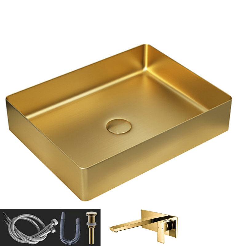 Contemporary Bathroom Sink Metal Rectangular Vessel Sink with Pop-Up Drain Gold Square Faucet Sink with Faucet Clearhalo 'Bathroom Remodel & Bathroom Fixtures' 'Bathroom Sinks & Faucet Components' 'Bathroom Sinks' 'bathroom_sink' 'Home Improvement' 'home_improvement' 'home_improvement_bathroom_sink' 6616200