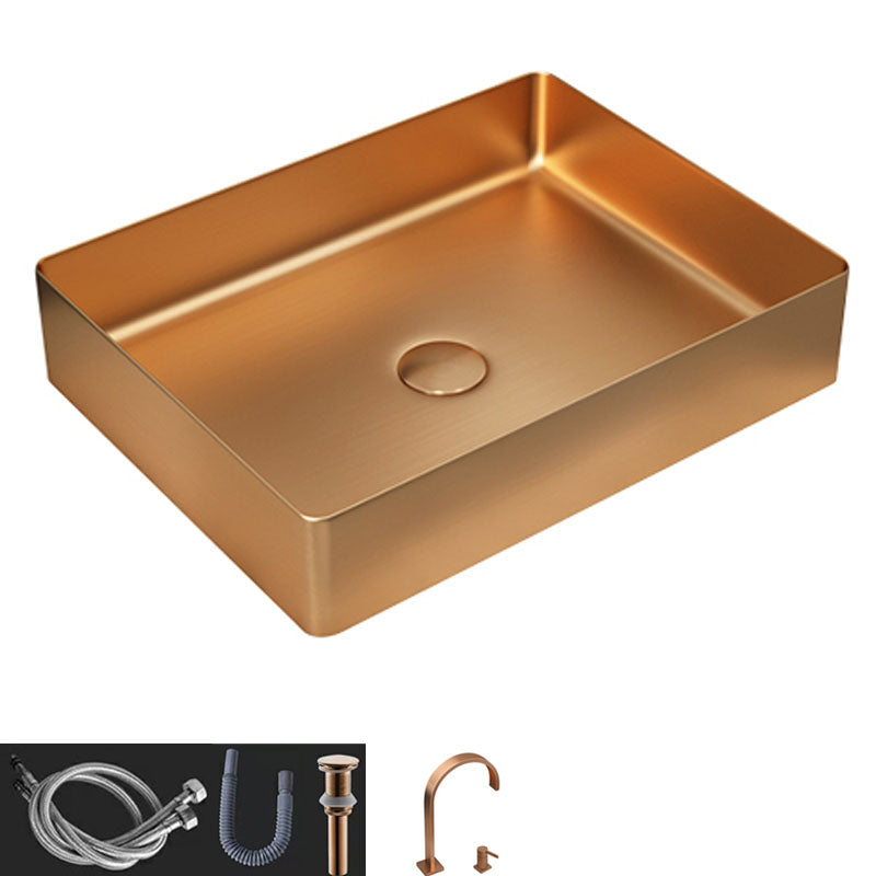 Contemporary Bathroom Sink Metal Rectangular Vessel Sink with Pop-Up Drain Rose Gold Double Hole Faucet Sink with Faucet Clearhalo 'Bathroom Remodel & Bathroom Fixtures' 'Bathroom Sinks & Faucet Components' 'Bathroom Sinks' 'bathroom_sink' 'Home Improvement' 'home_improvement' 'home_improvement_bathroom_sink' 6616201