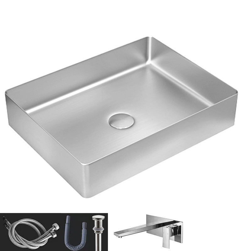 Contemporary Bathroom Sink Metal Rectangular Vessel Sink with Pop-Up Drain Silver Square Faucet Sink with Faucet Clearhalo 'Bathroom Remodel & Bathroom Fixtures' 'Bathroom Sinks & Faucet Components' 'Bathroom Sinks' 'bathroom_sink' 'Home Improvement' 'home_improvement' 'home_improvement_bathroom_sink' 6616206