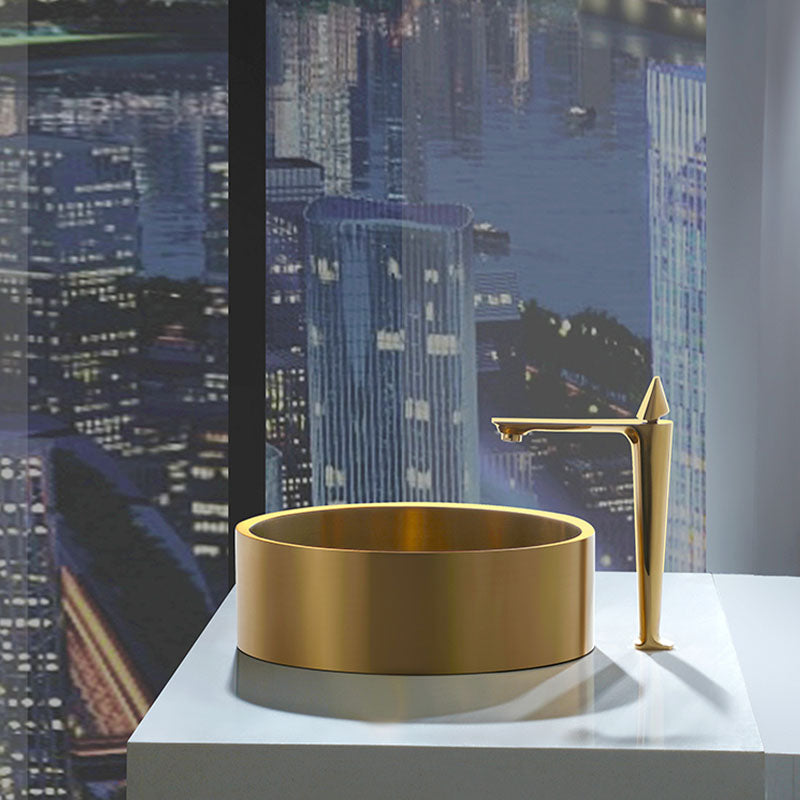 Contemporary Bathroom Sink Metal Round Vessel Bathroom Sink with Pop-Up Drain Gold Straight Faucet Sink with Faucet Clearhalo 'Bathroom Remodel & Bathroom Fixtures' 'Bathroom Sinks & Faucet Components' 'Bathroom Sinks' 'bathroom_sink' 'Home Improvement' 'home_improvement' 'home_improvement_bathroom_sink' 6616261