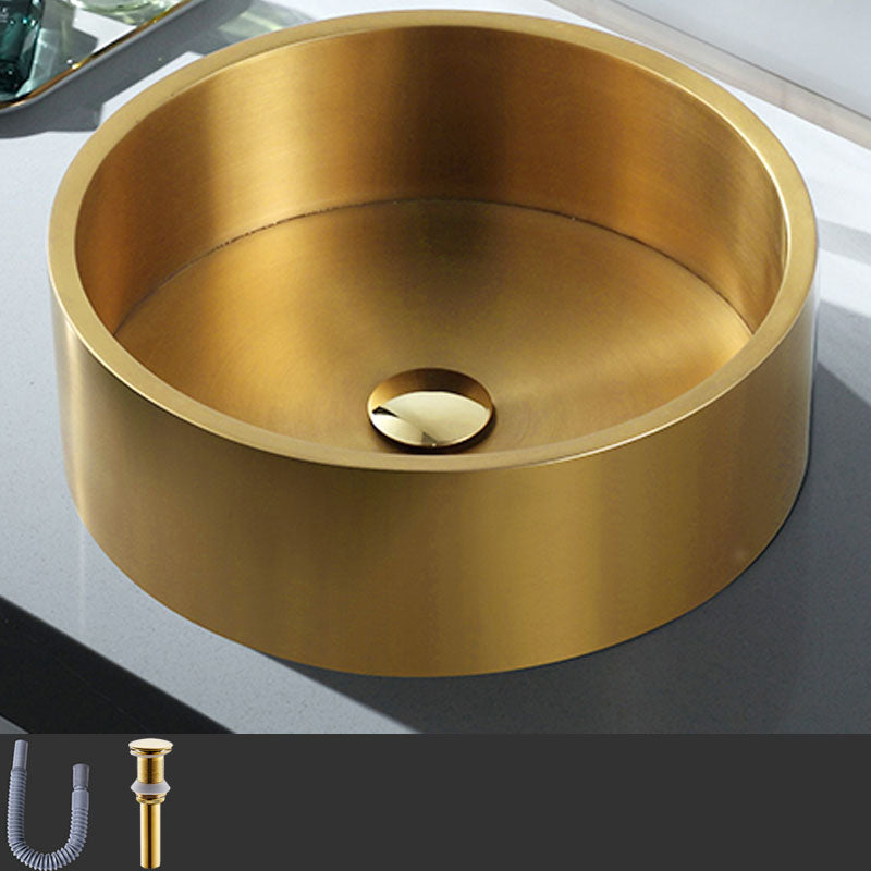 Contemporary Bathroom Sink Metal Round Vessel Bathroom Sink with Pop-Up Drain Gold None Sink Clearhalo 'Bathroom Remodel & Bathroom Fixtures' 'Bathroom Sinks & Faucet Components' 'Bathroom Sinks' 'bathroom_sink' 'Home Improvement' 'home_improvement' 'home_improvement_bathroom_sink' 6616264