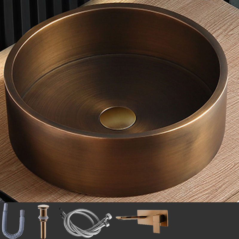 Contemporary Bathroom Sink Metal Round Vessel Bathroom Sink with Pop-Up Drain Brass Double Hole Faucet Sink with Faucet Clearhalo 'Bathroom Remodel & Bathroom Fixtures' 'Bathroom Sinks & Faucet Components' 'Bathroom Sinks' 'bathroom_sink' 'Home Improvement' 'home_improvement' 'home_improvement_bathroom_sink' 6616272