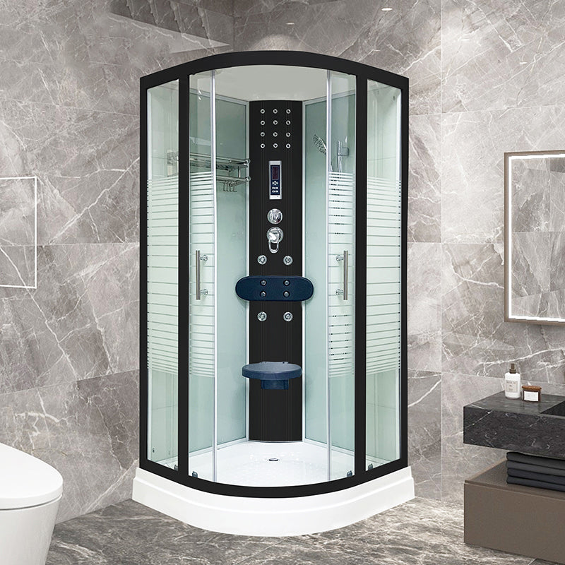 Framed Black Shower Enclosure Clear Easy Clean Glass Rounded Shower Enclosure 31.5"L x 31.5"W x 84.6"H Top Spray Included Striped Clearhalo 'Bathroom Remodel & Bathroom Fixtures' 'Home Improvement' 'home_improvement' 'home_improvement_shower_stalls_enclosures' 'Shower Stalls & Enclosures' 'shower_stalls_enclosures' 'Showers & Bathtubs' 6616598
