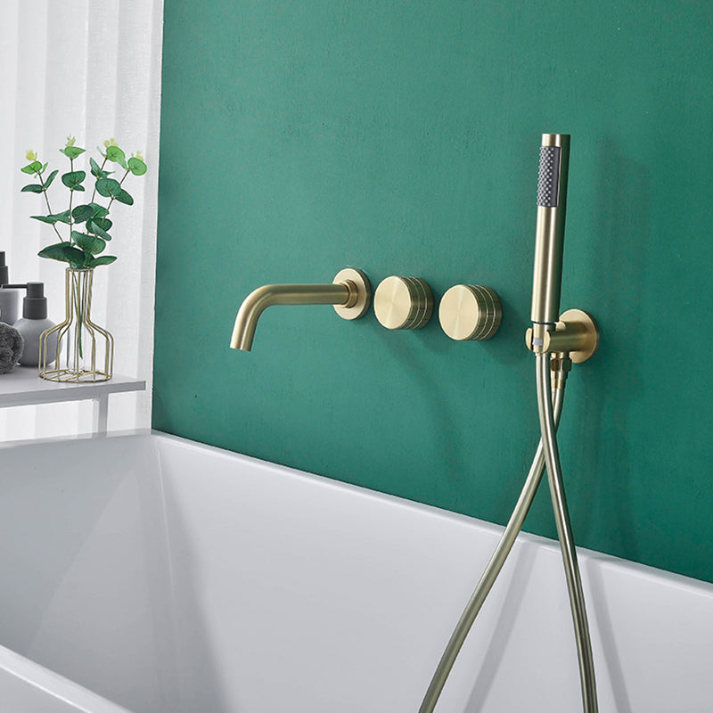 Wall Mounted Metal Tub Filler Low Arc Rotatable Tub Faucet Trim Gold Clearhalo 'Bathroom Remodel & Bathroom Fixtures' 'Bathtub Faucets' 'bathtub_faucets' 'Home Improvement' 'home_improvement' 'home_improvement_bathtub_faucets' 6617138