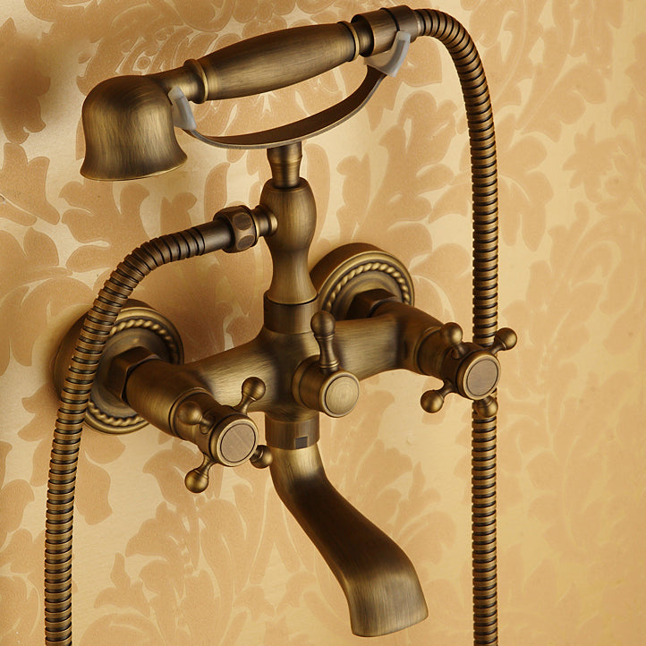 Traditional Floor Mounted Metal Freestanding Tub Filler Double Handles Bathtub Faucet Clearhalo 'Bathroom Remodel & Bathroom Fixtures' 'Bathtub Faucets' 'bathtub_faucets' 'Home Improvement' 'home_improvement' 'home_improvement_bathtub_faucets' 6617154