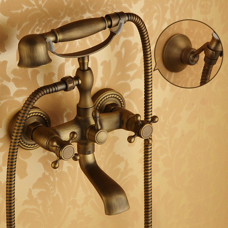 Traditional Floor Mounted Metal Freestanding Tub Filler Double Handles Bathtub Faucet Brass Clearhalo 'Bathroom Remodel & Bathroom Fixtures' 'Bathtub Faucets' 'bathtub_faucets' 'Home Improvement' 'home_improvement' 'home_improvement_bathtub_faucets' 6617155