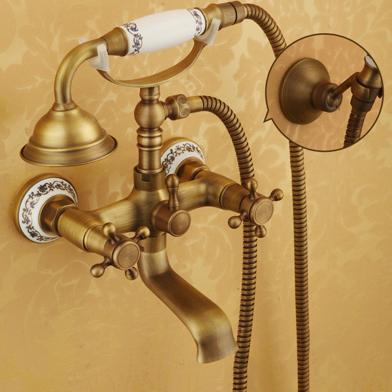Traditional Floor Mounted Metal Freestanding Tub Filler Double Handles Bathtub Faucet White-Gold Clearhalo 'Bathroom Remodel & Bathroom Fixtures' 'Bathtub Faucets' 'bathtub_faucets' 'Home Improvement' 'home_improvement' 'home_improvement_bathtub_faucets' 6617156