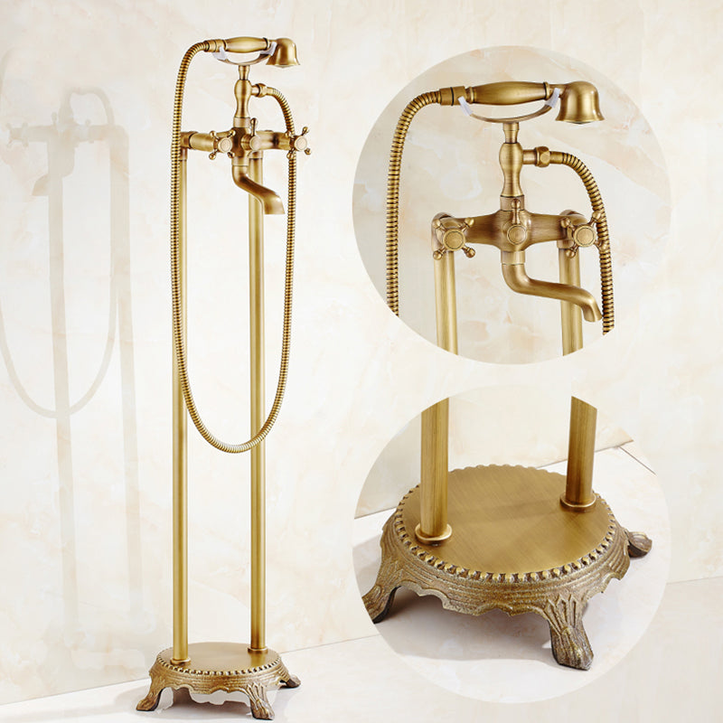 Traditional Floor Mounted Metal Freestanding Tub Filler Double Handles Bathtub Faucet Gold Clearhalo 'Bathroom Remodel & Bathroom Fixtures' 'Bathtub Faucets' 'bathtub_faucets' 'Home Improvement' 'home_improvement' 'home_improvement_bathtub_faucets' 6617158
