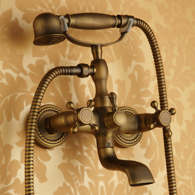 Traditional Floor Mounted Metal Freestanding Tub Filler Double Handles Bathtub Faucet Clearhalo 'Bathroom Remodel & Bathroom Fixtures' 'Bathtub Faucets' 'bathtub_faucets' 'Home Improvement' 'home_improvement' 'home_improvement_bathtub_faucets' 6617159