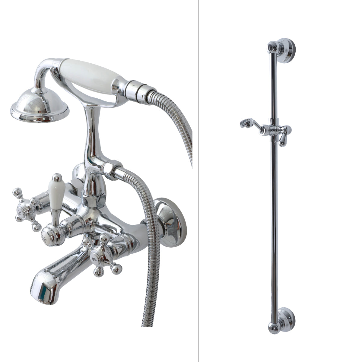 Glam Retro Wall Mounted Metal Claw Foot Tub Faucet Trim Low Arc Claw Foot Tub Faucet Silver Risers Included Clearhalo 'Bathroom Remodel & Bathroom Fixtures' 'Bathtub Faucets' 'bathtub_faucets' 'Home Improvement' 'home_improvement' 'home_improvement_bathtub_faucets' 6617175