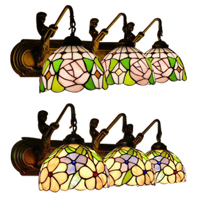 Bowl Pink Glass Sconce Light Tiffany 3 Lights Brass Wall Mounted Light with Glory/Rose Pattern Clearhalo 'Industrial' 'Middle century wall lights' 'Tiffany wall lights' 'Tiffany' 'Wall Lamps & Sconces' 'Wall Lights' Lighting' 66200