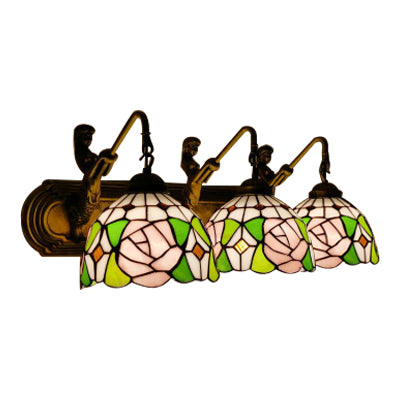 Bowl Pink Glass Sconce Light Tiffany 3 Lights Brass Wall Mounted Light with Glory/Rose Pattern Clearhalo 'Industrial' 'Middle century wall lights' 'Tiffany wall lights' 'Tiffany' 'Wall Lamps & Sconces' 'Wall Lights' Lighting' 66201