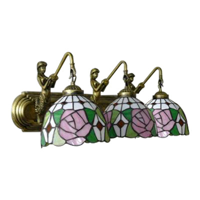 Bowl Pink Glass Sconce Light Tiffany 3 Lights Brass Wall Mounted Light with Glory/Rose Pattern Clearhalo 'Industrial' 'Middle century wall lights' 'Tiffany wall lights' 'Tiffany' 'Wall Lamps & Sconces' 'Wall Lights' Lighting' 66202