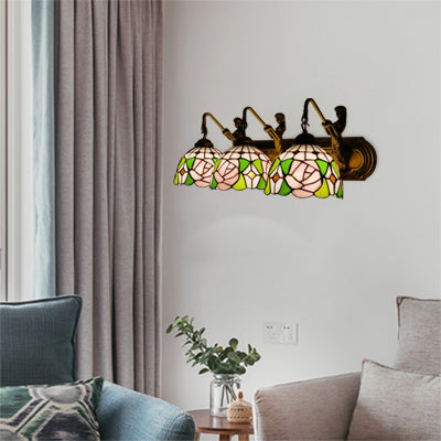 Bowl Pink Glass Sconce Light Tiffany 3 Lights Brass Wall Mounted Light with Glory/Rose Pattern Pink Pink Rose Clearhalo 'Industrial' 'Middle century wall lights' 'Tiffany wall lights' 'Tiffany' 'Wall Lamps & Sconces' 'Wall Lights' Lighting' 66203
