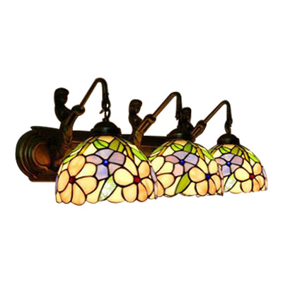 Bowl Pink Glass Sconce Light Tiffany 3 Lights Brass Wall Mounted Light with Glory/Rose Pattern Clearhalo 'Industrial' 'Middle century wall lights' 'Tiffany wall lights' 'Tiffany' 'Wall Lamps & Sconces' 'Wall Lights' Lighting' 66204