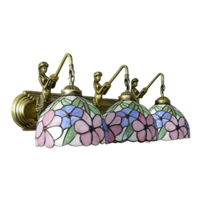 Bowl Pink Glass Sconce Light Tiffany 3 Lights Brass Wall Mounted Light with Glory/Rose Pattern Clearhalo 'Industrial' 'Middle century wall lights' 'Tiffany wall lights' 'Tiffany' 'Wall Lamps & Sconces' 'Wall Lights' Lighting' 66205